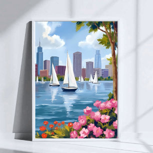 Boston Harbour Spring Boat Bay City Skyline Poster