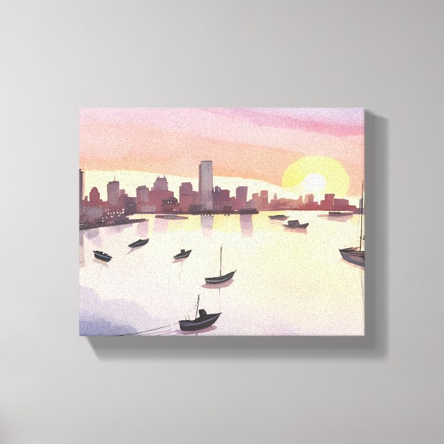 Boston Harbour | Watercolor Cityscape Massachusett Canvas Print (Front)
