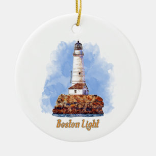 Boston Light Lighthouse Watercolor - Massachusetts Ceramic Tree Decoration