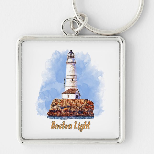 Boston Light Lighthouse Watercolor - Massachusetts Key Ring (Front)