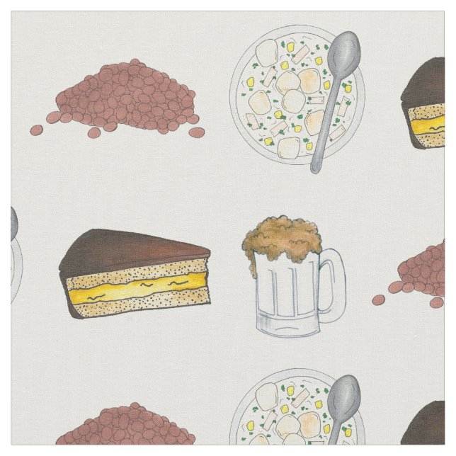 Boston MA Foods Baked Beans Chowder Beer Cream Pie Fabric (Close Up)