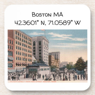 Boston MA Map Coordinates Vintage Style Coaster