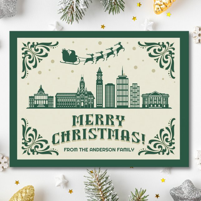 Boston, MA Skyline Christmas Holiday Postcard (Boston, MA skyline christmas card green modern merry christmas postcard with custom details)