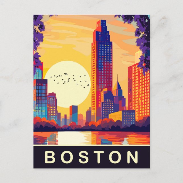 Boston, MA, Skyline on Sunset, Travel Postcard (Front)