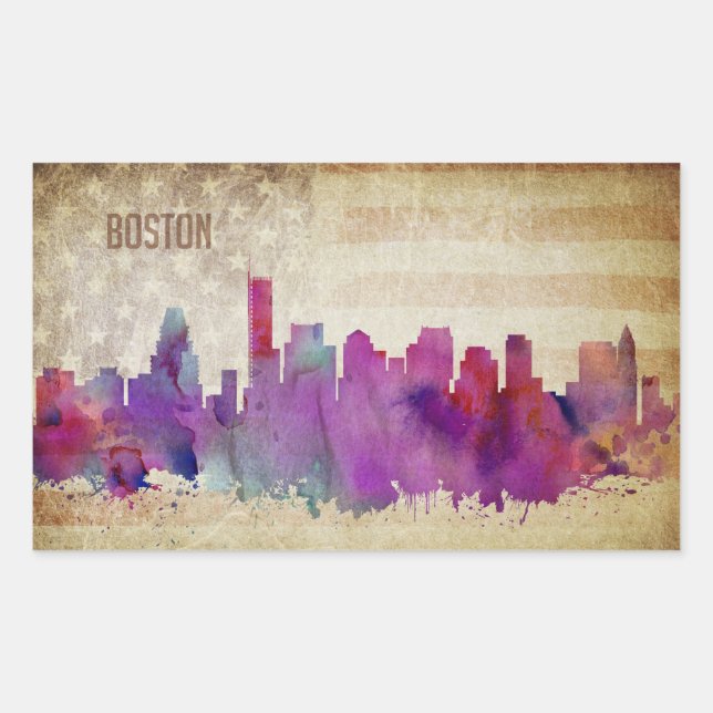 Boston, MA | Watercolor City Skyline Rectangular Sticker (Front)