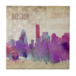 Boston, MA Watercolor City Skyline Tile
