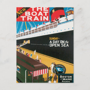 Boston Maine Boat Train US USA Vintage Travel Art Postcard