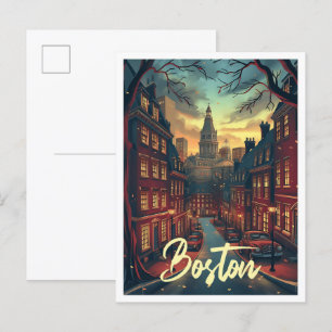 Boston massachuset Vintage Art Travel Illustration Postcard
