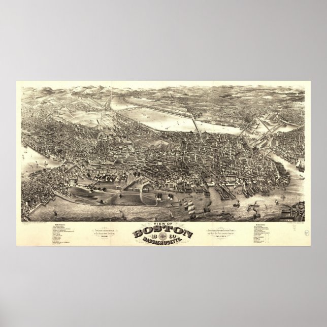 Boston Massachusetts 1880 Antique Panoramic Map Poster (Front)