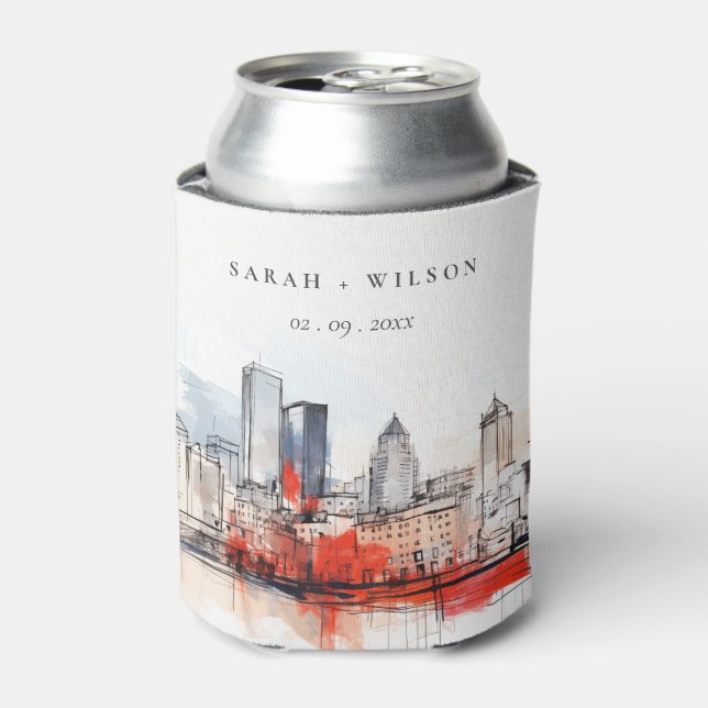 Boston Massachusetts City Scape Watercolor Wedding Can Cooler (Can Front)