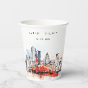 Boston Massachusetts City Scape Watercolor Wedding Paper Cups