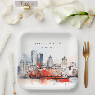 Boston Massachusetts City Scape Watercolor Wedding Paper Plate