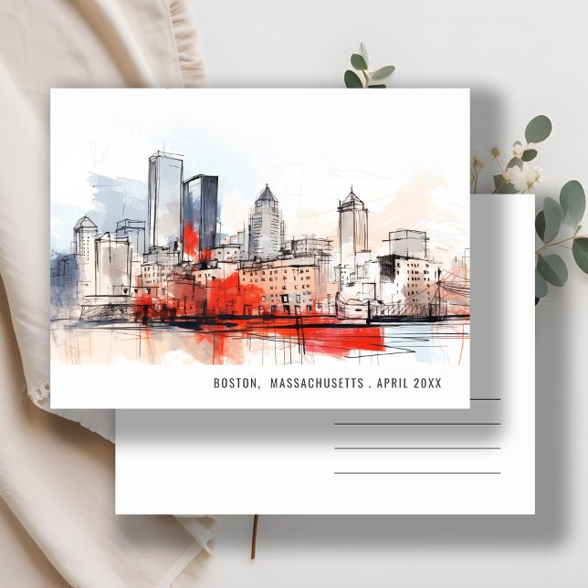Boston Massachusetts City Scape Watercolor Wedding Postcard (Creator Uploaded)