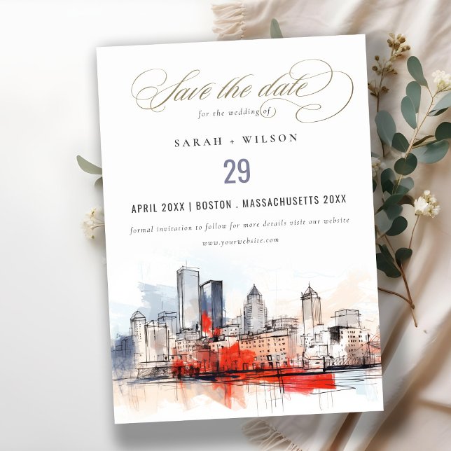 Boston Massachusetts City Scape Watercolor Wedding Save The Date (Creator Uploaded)