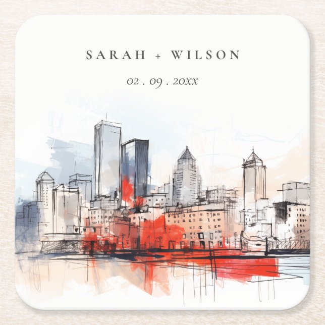 Boston Massachusetts City Scape Watercolor Wedding Square Paper Coaster (Front)