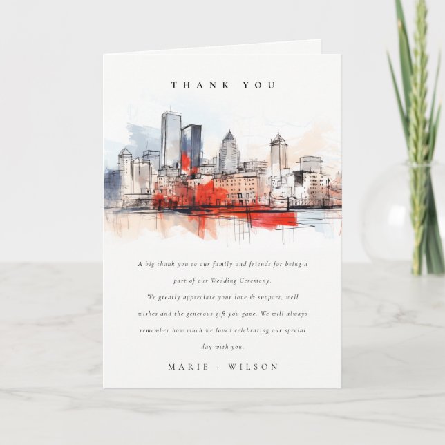 Boston Massachusetts City Scape Watercolor Wedding Thank You Card (Front)