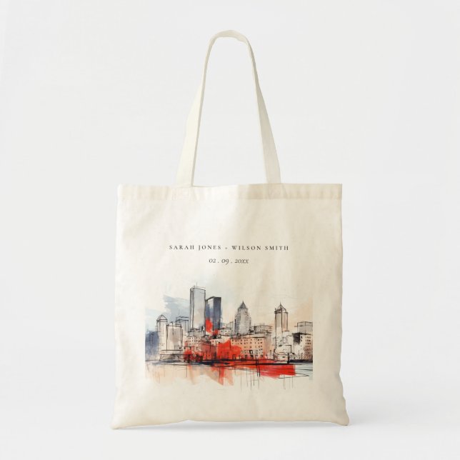 Boston Massachusetts City Scape Watercolor Wedding Tote Bag (Front)