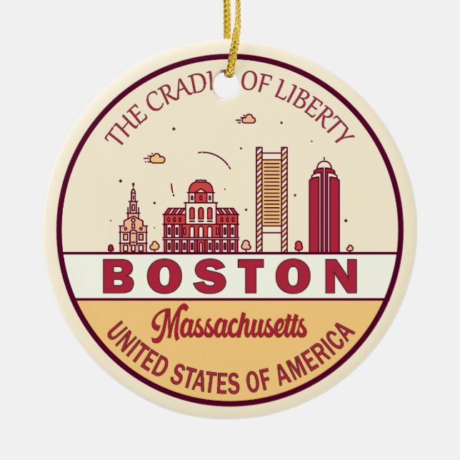 Boston Massachusetts City Skyline Emblem Ceramic Tree Decoration (Front)