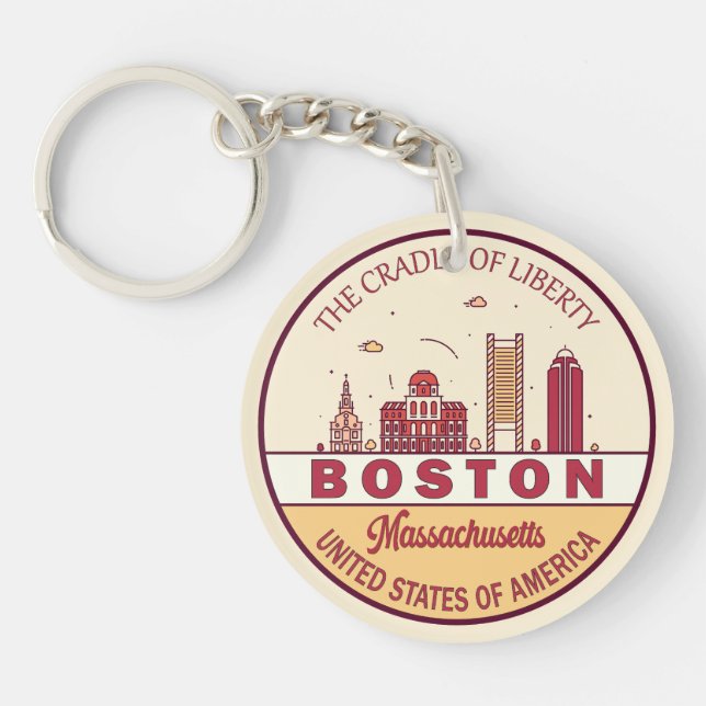 Boston Massachusetts City Skyline Emblem Key Ring (Front)