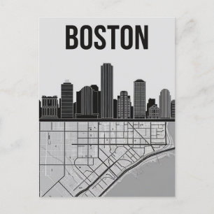 Boston Massachusetts City Skyline With Map Postcard
