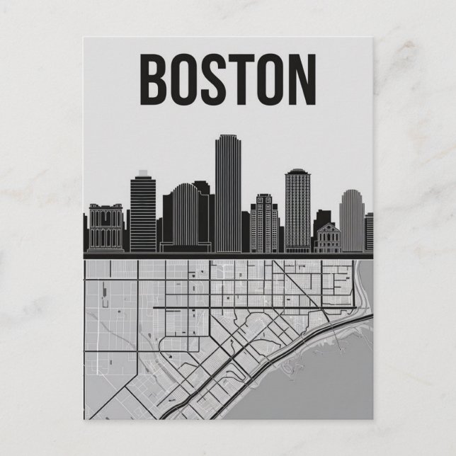 Boston Massachusetts City Skyline With Map Postcard (Front)