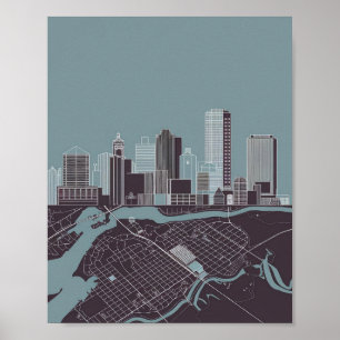 Boston Massachusetts City Skyline With Map Poster