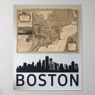 Boston Massachusetts City Skyline With Map Poster