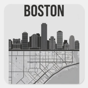 Boston Massachusetts City Skyline With Map Square Sticker