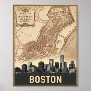 Boston Massachusetts City Skyline With Vintage Map Poster