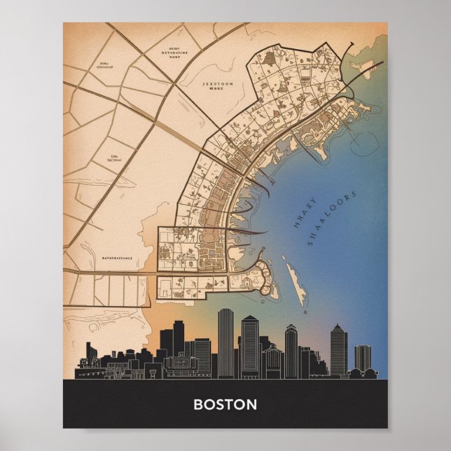Boston Massachusetts City Skyline With Vintage Map Poster (Front)