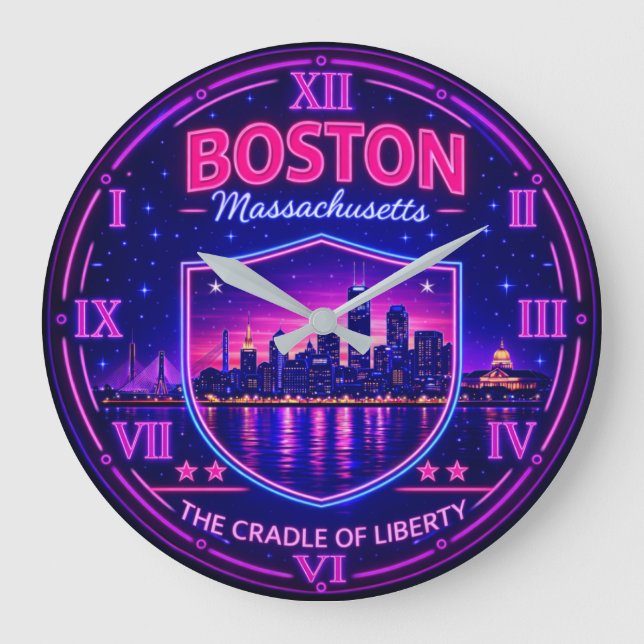 Boston Massachusetts Harbor Skyline  Large Clock (Front)