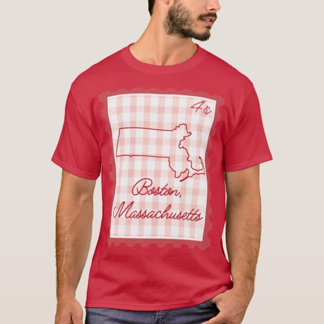 Boston Massachusetts pride red gingham heart stamp T-Shirt (Front)