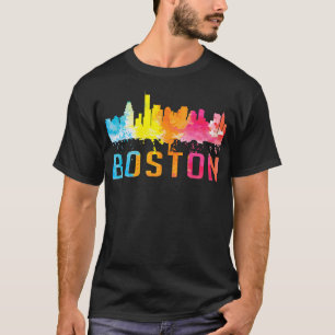 Boston Massachusetts Retro Watercolor Skyline Souv T-Shirt
