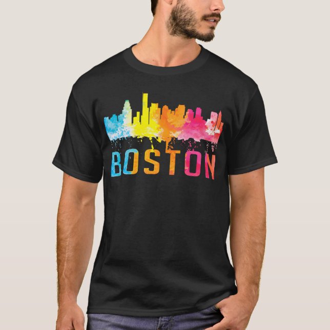 Boston Massachusetts Retro Watercolor Skyline Souv T-Shirt (Front)