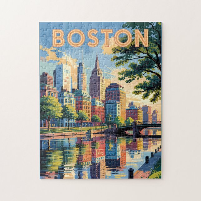 Boston Massachusetts Skyline Travel Art Vintage Jigsaw Puzzle (Vertical)