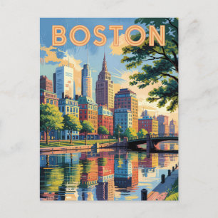 Boston Massachusetts Skyline Travel Art Vintage Postcard