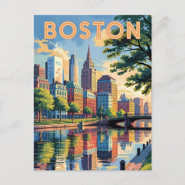 Boston Massachusetts Skyline Travel Art Vintage Postcard (Front)