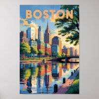 Boston Massachusetts Skyline Travel Art Vintage