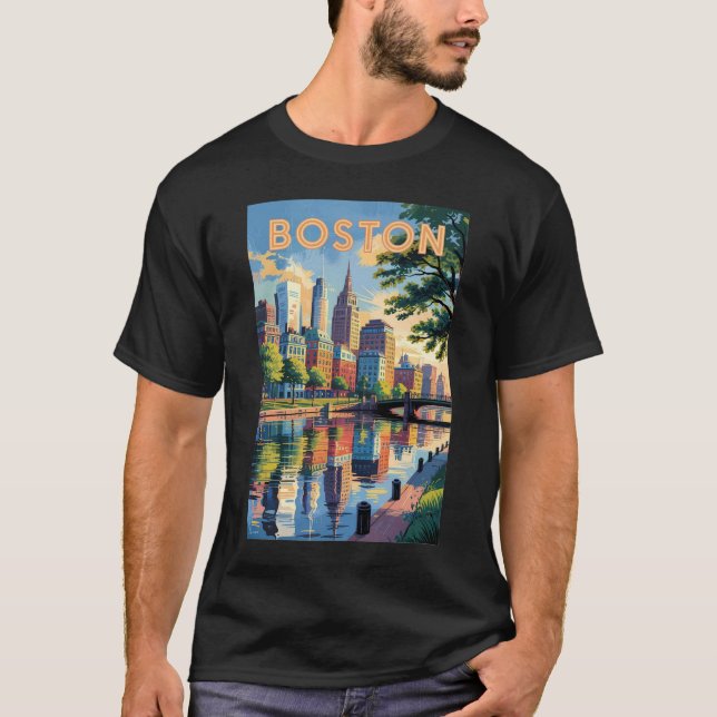 Boston Massachusetts Skyline Travel Art Vintage T-Shirt (Front)