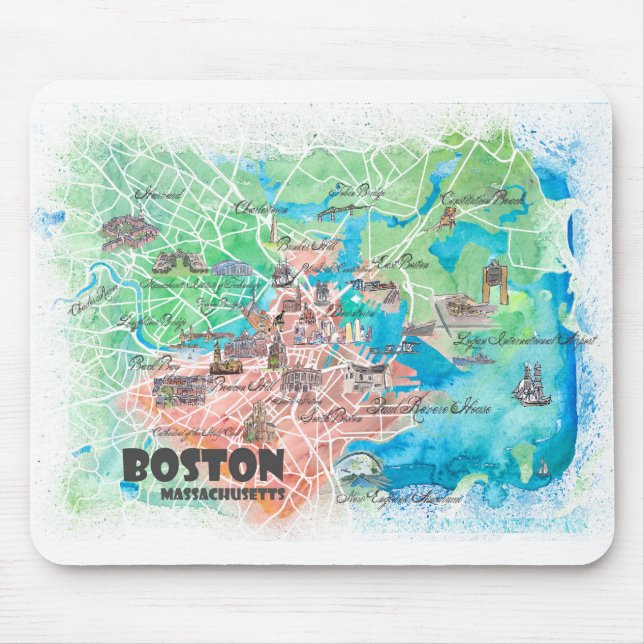 Boston Massachusetts USA Illustrated Map &  roads Mouse Pad (Front)