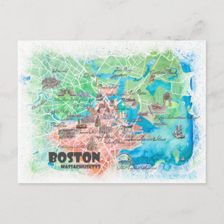 Boston Massachusetts USA Illustrated Map & roads Postcard