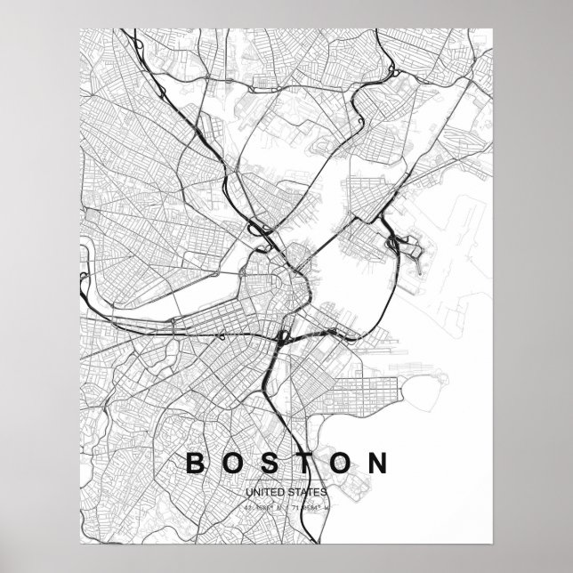 Boston Minimalist Map (Black & White) Poster (Front)