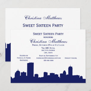 Boston Navy Skyline Silhouette Sweet 16 Party Invitation