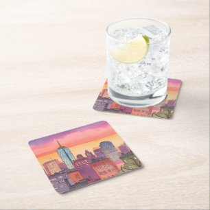 Boston North End Watercolor MA Cityscape Square Paper Coaster