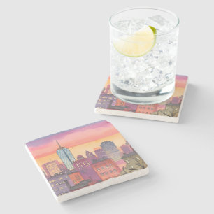 Boston North End Watercolor MA Cityscape Stone Coaster