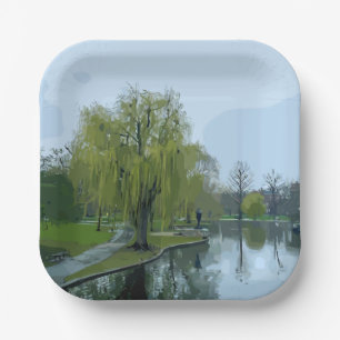 Boston Public Garden Massachusetts Painting Paper Plate
