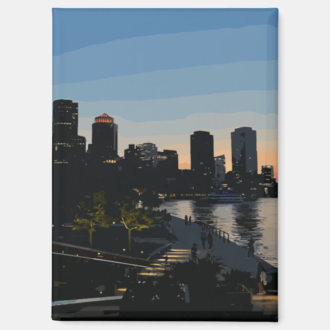 Boston Seaport Sunset City Skyline Watercolor Magnet (Front)