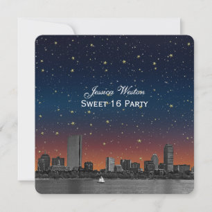 Boston Skyline Blue Starry Etched Sweet 16 Invitation