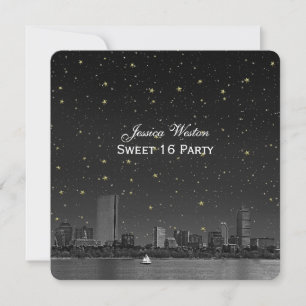 Boston Skyline Blue Starry Etched Sweet 16 Invitation
