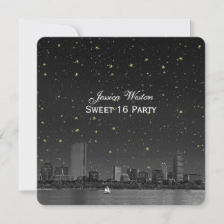Boston Skyline Blue Starry Etched Sweet 16 Invitation